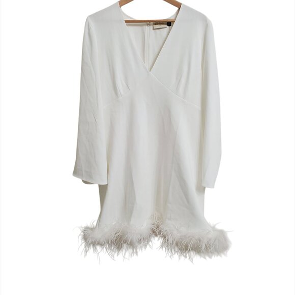 RIXO Womens Bridal Toni Feathered Mini Dress 14 White V-Neck Wedding Par… - Picture 4 of 16